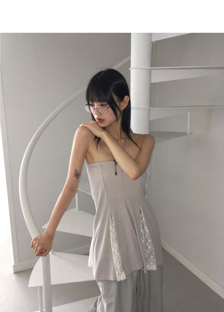 Ponner lace color blocking tube top midi skirt