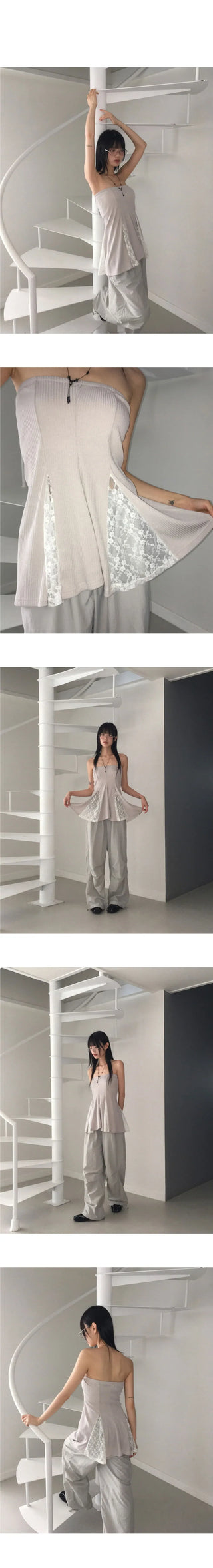 Ponner lace color blocking tube top midi skirt