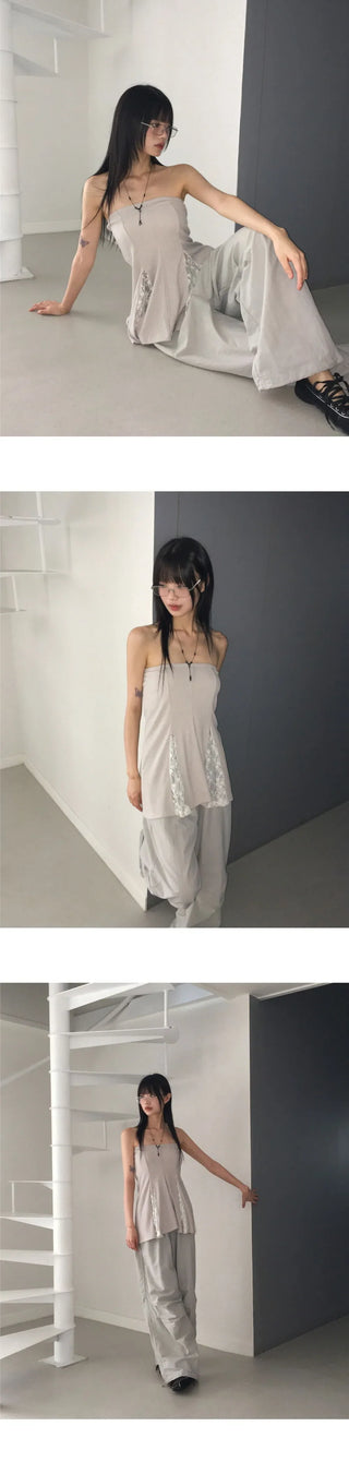 Ponner lace color blocking tube top midi skirt