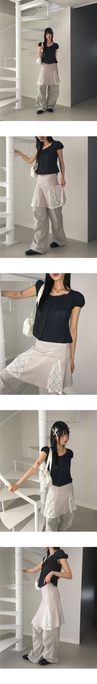 Ponner lace color blocking tube top midi skirt