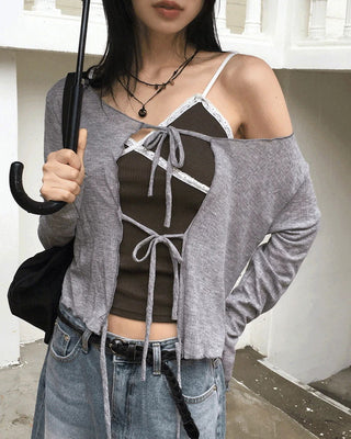 Turat Frill Wave Sheer Ribbon Strap Cardigan
