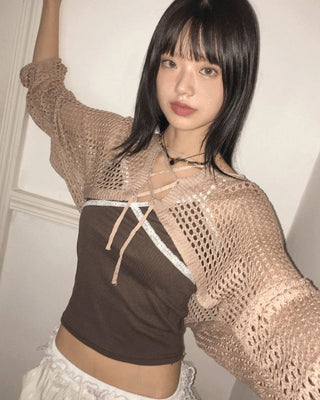 Beamon Strap Mesh Crop Bolero Knitwear Cardigan