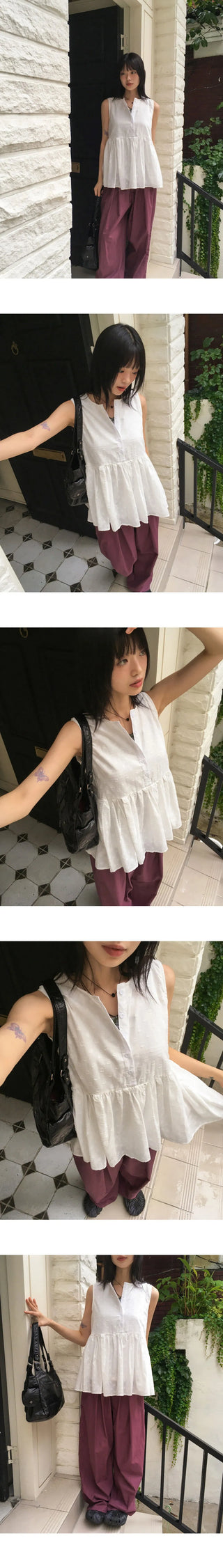 Corduroy Punching Flare Button Sleeveless Blouse