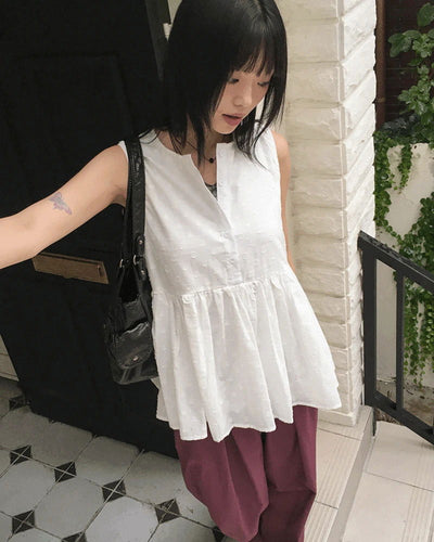 Corduroy Punching Flare Button Sleeveless Blouse