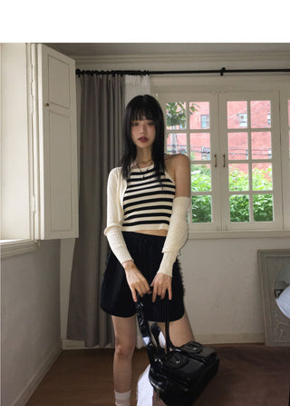 Zpin Stripe Sleeveless Twisted Bolero Cardigan Set