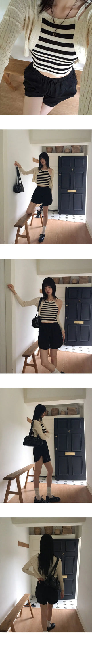Zpin Stripe Sleeveless Twisted Bolero Cardigan Set