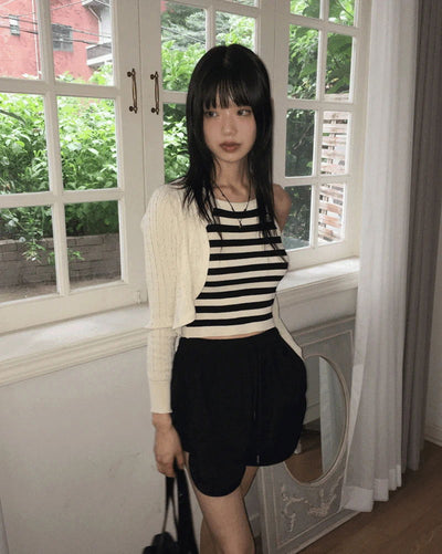 Zpin Stripe Sleeveless Twisted Bolero Cardigan Set