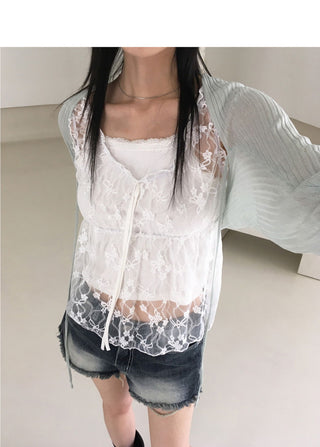Racine summer Ribbed ribbon string shawl bolero cardigan
