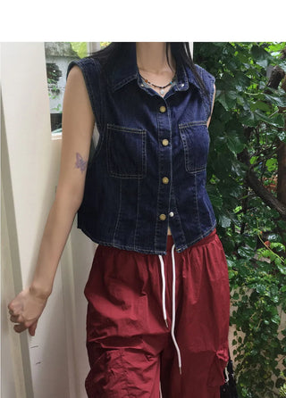 Tapi pocket snap button cap sleeve short sleeve denim vest shirt