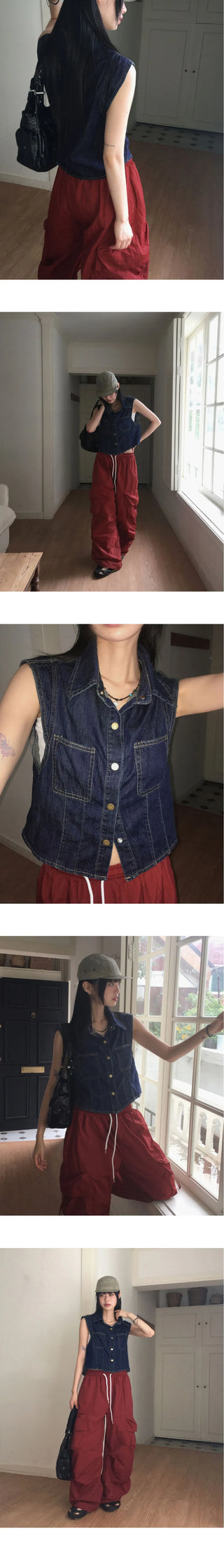 Tapi pocket snap button cap sleeve short sleeve denim vest shirt