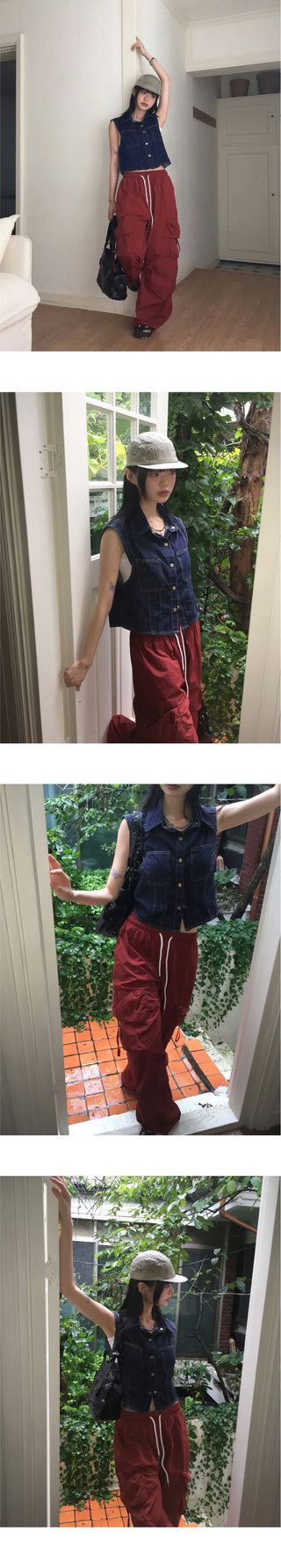 Tapi pocket snap button cap sleeve short sleeve denim vest shirt
