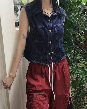 Tapi pocket snap button cap sleeve short sleeve denim vest shirt