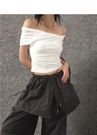 Aconi Ribbon Off Shoulder Crop T-Shirt