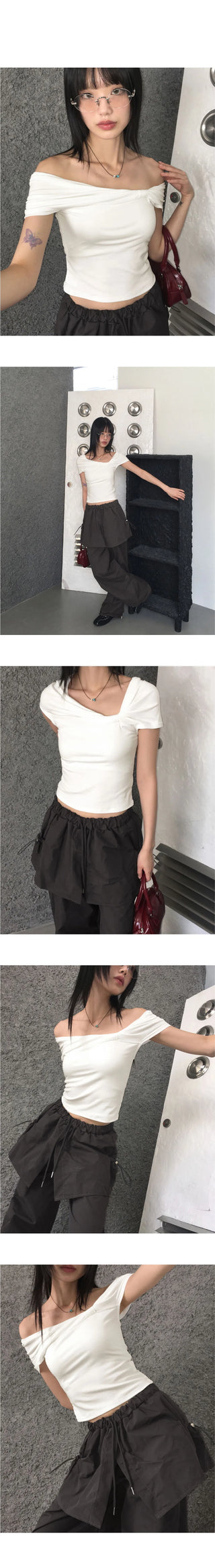 Aconi Ribbon Off Shoulder Crop T-Shirt