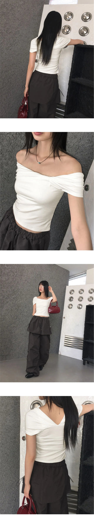Aconi Ribbon Off Shoulder Crop T-Shirt
