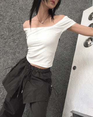 Aconi Ribbon Off Shoulder Crop T-Shirt