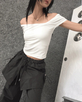Aconi Ribbon Off Shoulder Crop T-Shirt