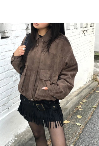 Linu fleece-lined high-neck suede jacket