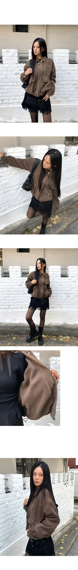 Linu fleece-lined high-neck suede jacket