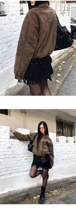 Linu fleece-lined high-neck suede jacket