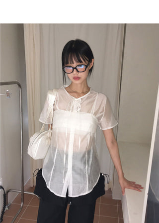 Molen see-through bustier bra top set short sleeve shirt