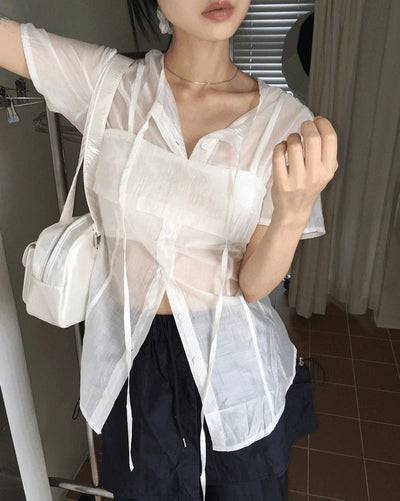 Molen see-through bustier bra top set short sleeve shirt