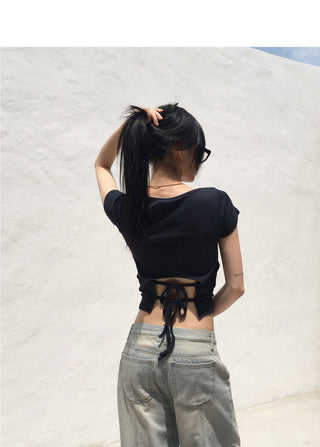 Desa back opening ribbon Ribbed U-neck short sleeve T-shirt
