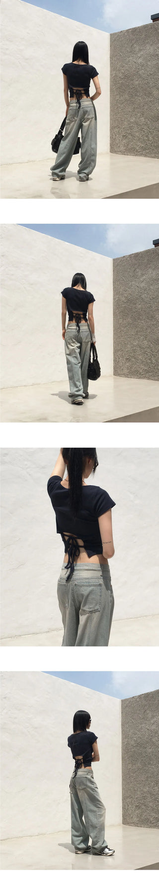 Desa back opening ribbon Ribbed U-neck short sleeve T-shirt