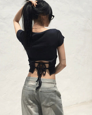 Desa back opening ribbon Ribbed U-neck short sleeve T-shirt