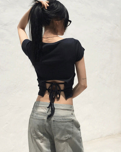 Desa back opening ribbon Ribbed U-neck short sleeve T-shirt