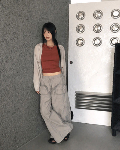 Chessel biscuit zipper pocket nylon wide two-way pants