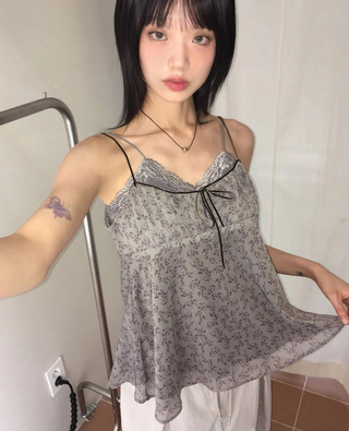 EN Vintage Velvet Ribbon Flower Floral Sleeveless Blouse