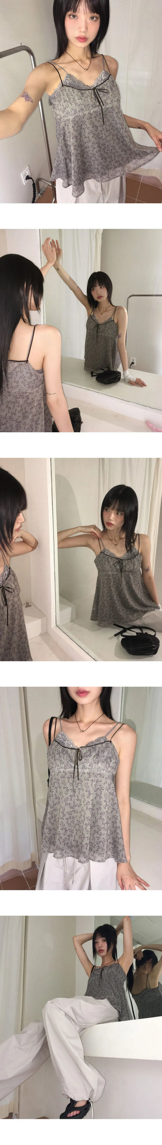 EN Vintage Velvet Ribbon Flower Floral Sleeveless Blouse