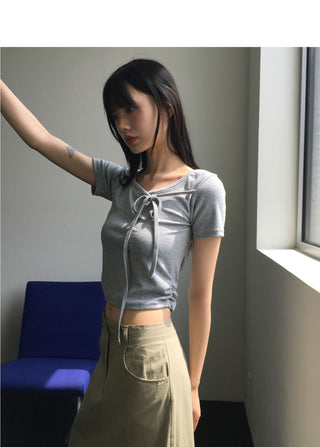 Chano Ribbon Strap Round Shirring Crop Short Sleeve T-Shirt