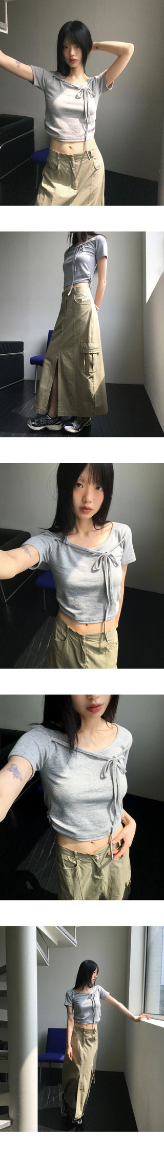 Chano Ribbon Strap Round Shirring Crop Short Sleeve T-Shirt