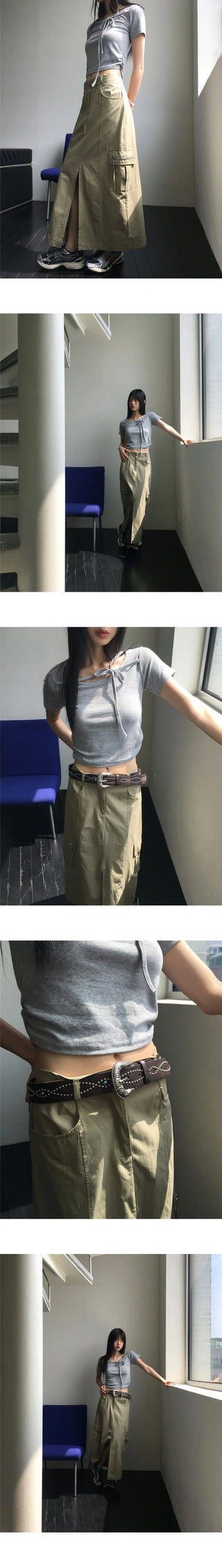 Chano Ribbon Strap Round Shirring Crop Short Sleeve T-Shirt