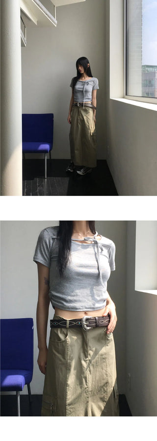 Chano Ribbon Strap Round Shirring Crop Short Sleeve T-Shirt