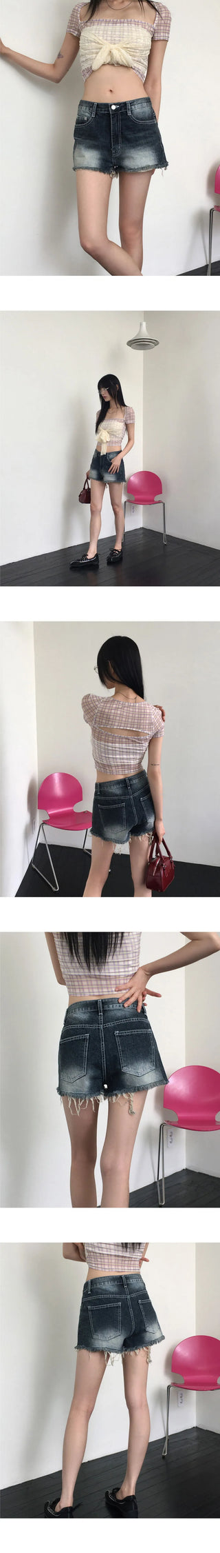 Tesit Vintage Vintage Faded Damaged Denim Short Pants