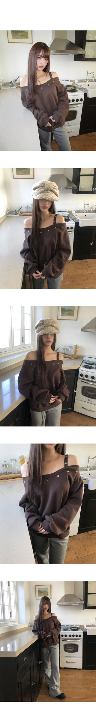 Duon Eyelet Strap Off-Shoulder Fleece-lined Sweatshirt