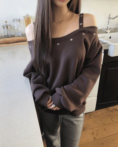 Duon Eyelet Strap Off-Shoulder Fleece-lined Sweatshirt