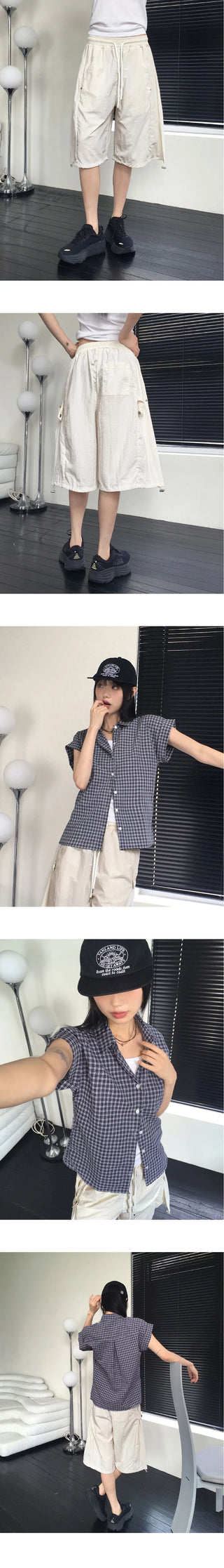 Cute side snap button nylon 5/4 Bermuda pants