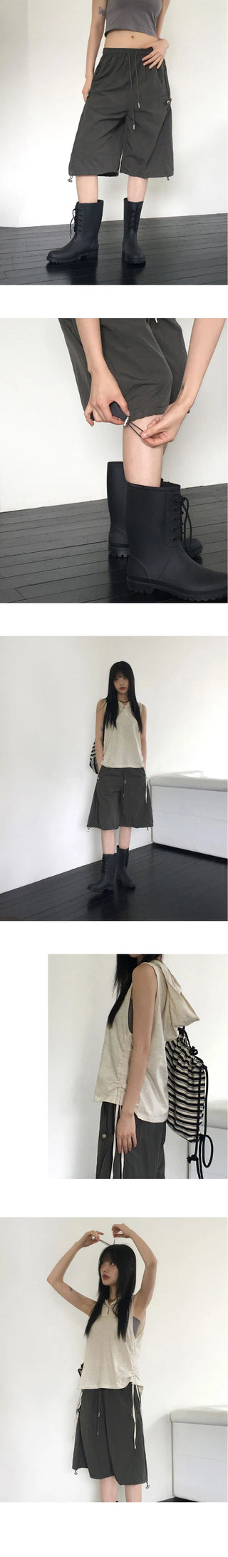 Cute side snap button nylon 5/4 Bermuda pants