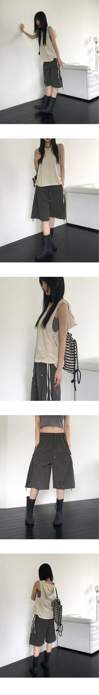 Cute side snap button nylon 5/4 Bermuda pants