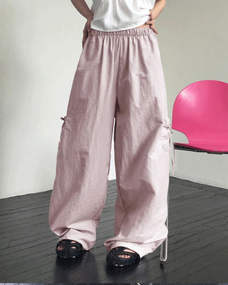 Woble Ribbon Cargo Pocket Nylon Wide Pants