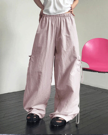 Woble Ribbon Cargo Pocket Nylon Wide Pants