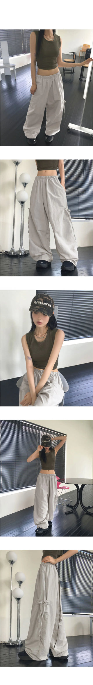 Woble Ribbon Cargo Pocket Nylon Wide Pants