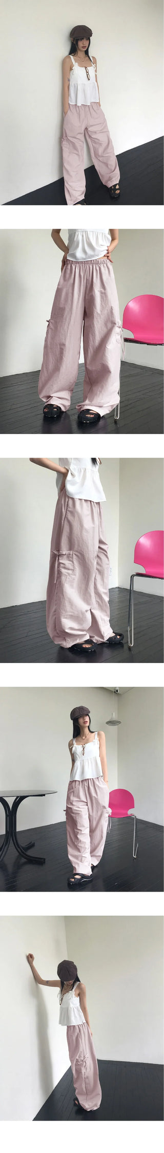 Woble Ribbon Cargo Pocket Nylon Wide Pants