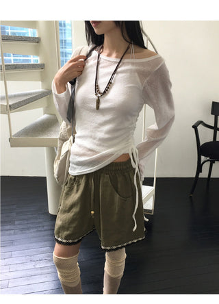 Regan off-shoulder see-through shirring long sleeve Knitwear