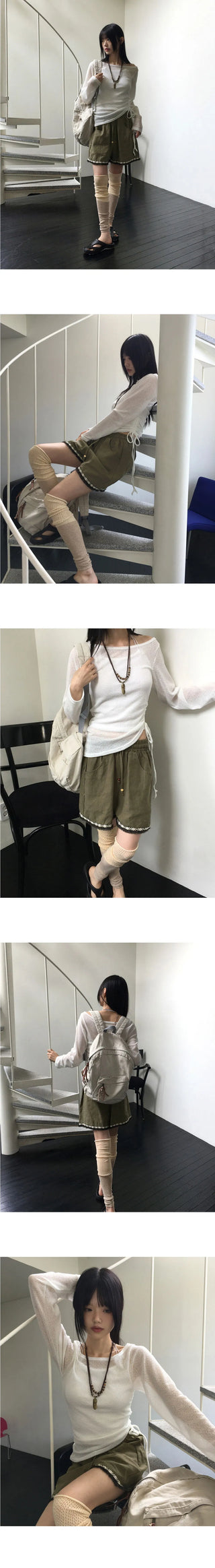 Regan off-shoulder see-through shirring long sleeve Knitwear