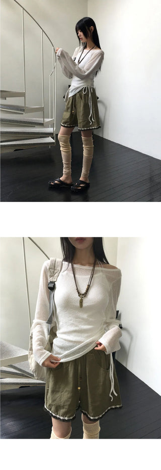 Regan off-shoulder see-through shirring long sleeve Knitwear